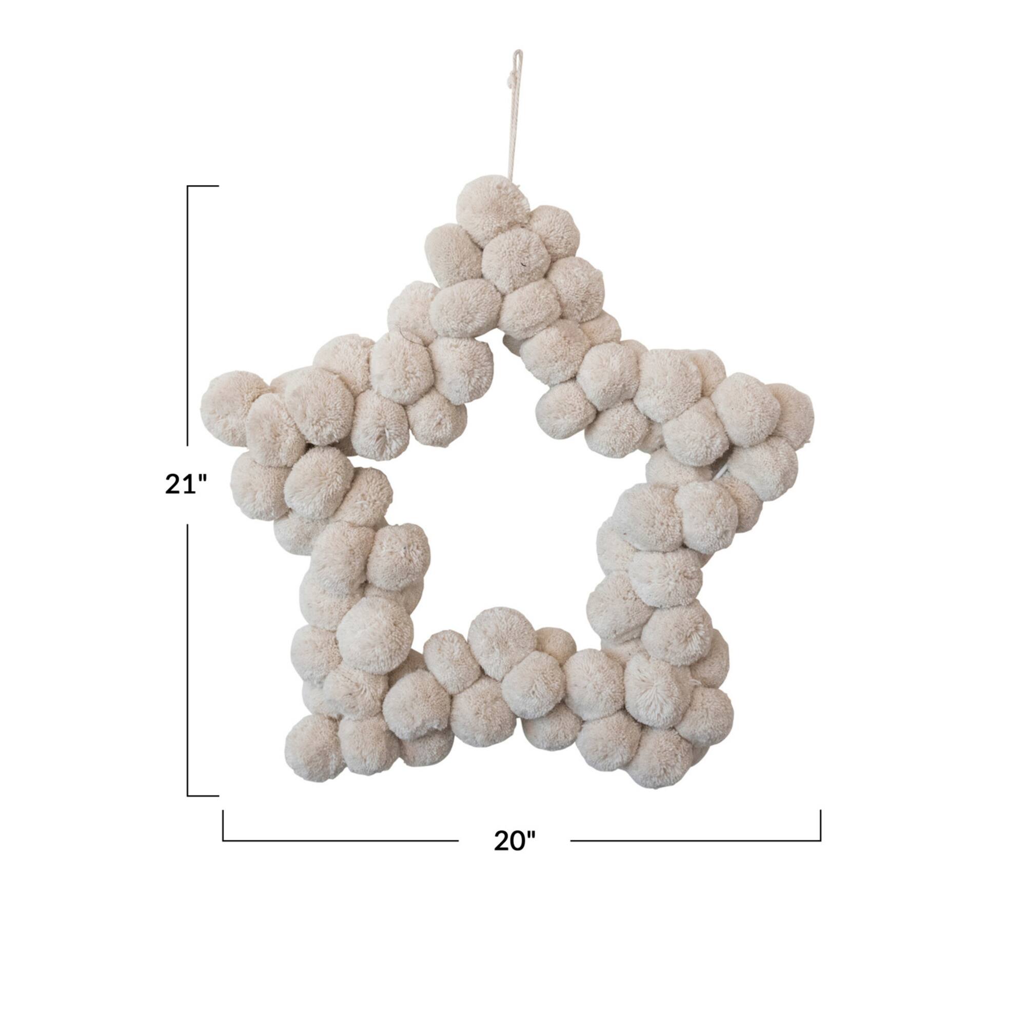 Hello Honey® 21" Natural White Handmade Metal & Wool Pom Pom Star Shaped Wreath